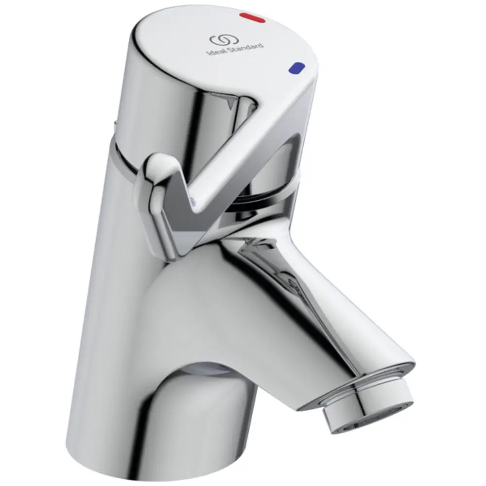 Chromfarbener Wasserhahn von Ideal Standard mit einem Bedienhebel und einem klaren Auslauf. Die Steuerung erfolgt über den Hebel, der rot und blau markiert ist.